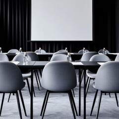 Aufkleber - Modern Scandinavian Corporate Training Room with Sleek Grey Upholstered Chairs and Minimalist Black Tables - Enhancing Professional Development for Business Growth and Skill Acquisition