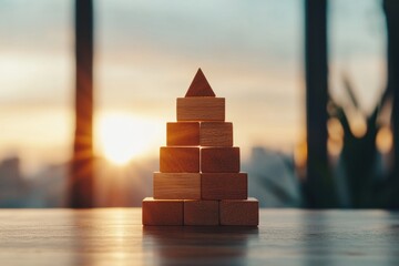 Aufkleber - Contemporary Growth Strategy Wooden Block Pyramid Chart with Sunrise Backdrop - Business Development Visualization and Sustainable Leadership Tools for Modern Office Environments