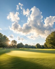 Aufkleber - Minimalist Golf Course Landscape Pristine Green with Manicured Grass and Flag - Precision Athletics and Premium Leisure Facility Promotion in Natural Sports Setting