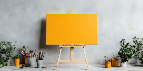 Aufkleber - Contemporary Art Studio Aesthetic Wooden Easel with Vibrant Canvas, Paint Brushes and Pottery Tools - Creative Space Design for Innovative Art Workshops and Visual Merchandising