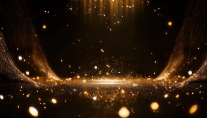 Poster - shimmering golden lights with soft glowing particles and sparkling stars falling in dark space background for design