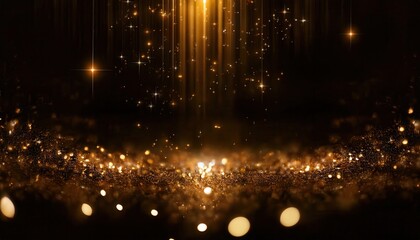 Poster - shimmering golden lights with soft glowing particles and sparkling stars falling in dark space background for design