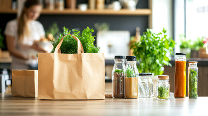 Wall Mural - A kitchen scene featuring fresh herbs in a bag, various jars, and bottles, with a blurred figure preparing food in the background.