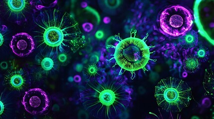 Wall Mural - A dark abstract background featuring glowing circular elements in neon green and purple