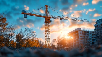 Construction crane building new residential apartment complex at sunset