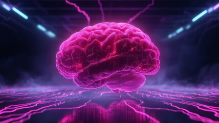 Aufkleber - Futuristic digital composition of a floating brain with glitch-inspired textures, neon circuit