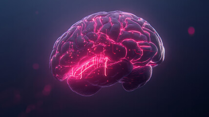 Poster - Futuristic digital composition of a floating brain with glitch-inspired textures, neon circuit