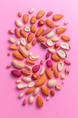 Poster - Surreal overhead composition of assorted nuts (almonds, walnuts, hazelnuts) arranged in swirling