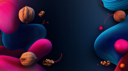 Aufkleber - Radiant collage with walnuts and hazelnuts intersecting neon shapes, moody highlights, futuristic