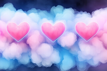 Poster - Dreamlike arrangement of delicate watercolor hearts overlapping with neon geometric lines, moody