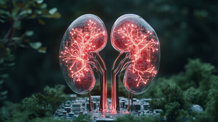 Poster - Organic-meets-digital fusion of kidneys embedded in circuit board patterns, glowing neon nodes,