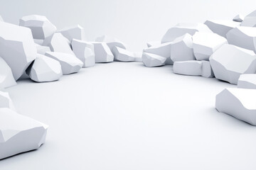 Aufkleber - Minimalist layout of scattered crystalline ice chunks on a clean white plane, stark shadows,