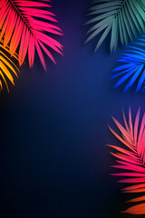 Poster - Radiant fusion of neon outlines tracing palm leaves against a dark background, vibrant radial glow,