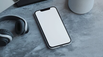 Wall Mural - a smartphone with a blank screen rests on a textured surface, accompanied by headphones and a cup, s