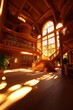 © talkative.studio - Elegant wooden library with stairs, books, and sunlit windows for learning