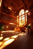 Elegant wooden library with stairs, books, and sunlit windows for learning