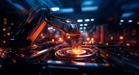 Aufkleber - Advanced robotic arm operating in a dimly lit industrial factory, with orange and red lights illuminating the metallic machine and automated production.