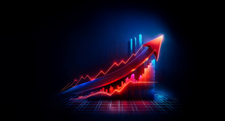 Fototapete - A glowing neon graph with a vibrant red arrow sharply rising upwards against a dark background, visually representing significant growth and positive trends in a dynamic style.