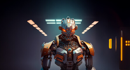 Poster - A sleek, metallic robot with glowing red eyes stands in a dimly lit, futuristic corridor. Its orange and grey armor reflects the ambient light.