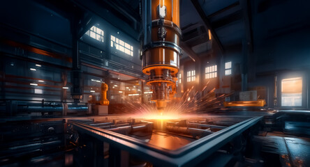 Aufkleber - Automated industrial process with a machine cutting metal in a dimly lit factory. Sparks are flying, creating an orange glow in the futuristic setting.