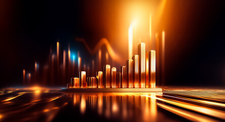 Fototapete - Gleaming golden bars ascend against a dark backdrop, illuminated by streaks of light, suggesting financial growth and technological advancement in a dynamic presentation.