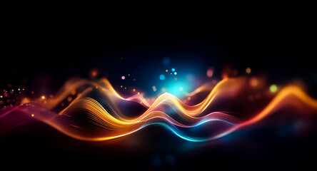 Aufkleber - Abstract digital art featuring vibrant, flowing waves of light against a dark backdrop. The glowing lines curve and intertwine with bright orange, yellow, red, blue, and cyan hues, creating a dynamic 