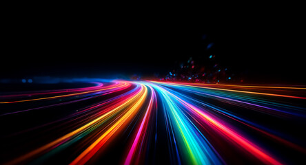 Poster - Vibrant light streaks paint a dynamic path across the stark black, evoking speed and energy.  Colorful lines glow, creating an abstract and futuristic visual effect.
