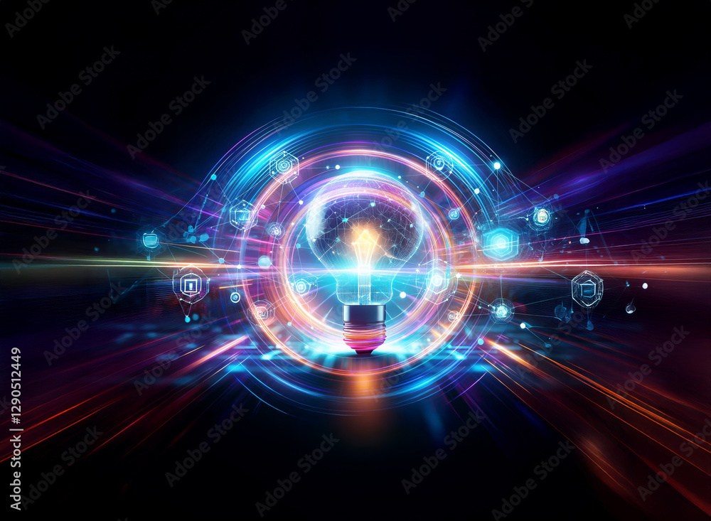Abstract digital art with vibrant, glowing circles and lines on a black ...