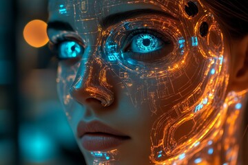 Poster - Futuristic portrayal of a woman's face with glowing circuit patterns in a cybernetic landscape at night