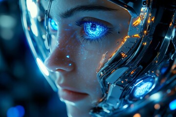 Aufkleber - Futuristic humanoid robot with glowing blue eyes in a high-tech environment showcasing advanced technology