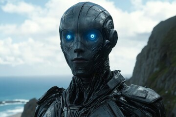 Poster - Advanced robotic figure with glowing blue eyes, standing against a coastal landscape on a cloudy day