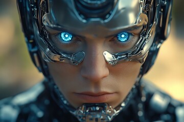 Poster - Advanced cyborg with luminous eyes exploring futuristic technology in a high-tech environment