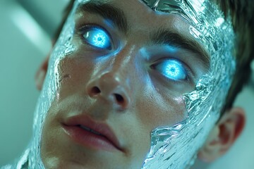 Aufkleber - Futuristic character with glowing eyes in metallic surroundings showcasing advanced technology and human-machine interaction