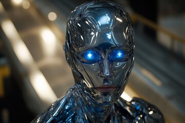 Poster - Futuristic humanoid robot with glowing blue eyes in a modern urban setting during daylight hours