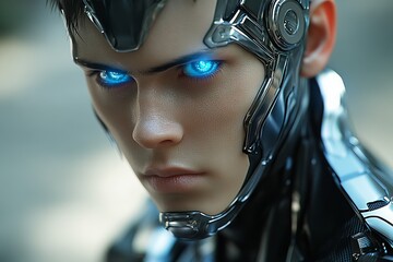 Aufkleber - Futuristic cyborg with glowing blue eyes showcasing advanced technology in a modern urban setting