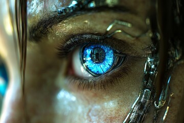 Poster - Futuristic close-up of a cyborg eye reflecting advanced technology in a sci-fi setting