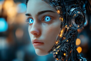 Poster - Futuristic robotic face with glowing eyes and intricate mechanical details in a high-tech environment