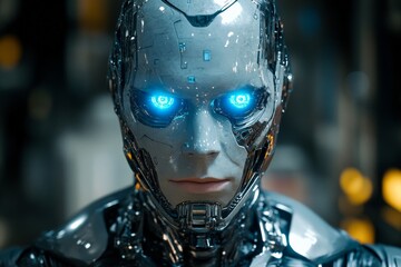 Fototapete - Futuristic humanoid robot with vivid blue eyes amid a technology landscape