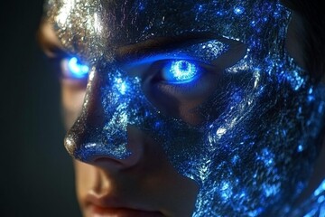Poster - Futuristic portrait with glowing blue eyes and metallic face design in a dark atmosphere