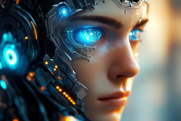 Poster - Futuristic cyborg with glowing blue eyes showcasing advanced technology in a digital environment