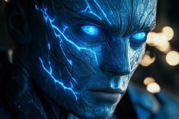 Aufkleber - Close-up of a futuristic being with glowing blue eyes and electric patterns on its face, showcasing advanced technology and design