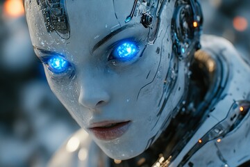 Aufkleber - Futuristic android with glowing blue eyes in a high-tech environment showcasing advanced robotics and AI