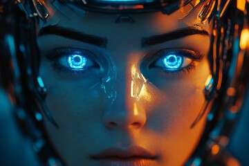 Aufkleber - Futuristic cyborg with glowing blue eyes showcasing advanced technology and unique design features in a dark environment
