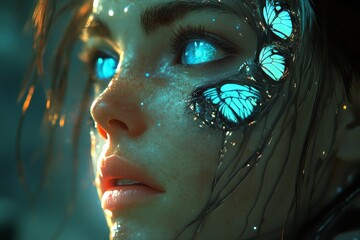 Poster - Futuristic portrait of a woman with glowing butterfly features and vibrant eyes in a surreal landscape