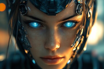 Poster - Futuristic cybernetic person with glowing blue eyes in a technological environment at dusk