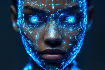 Aufkleber - Digital face illuminated with blue light displays mesmerizing patterns at night