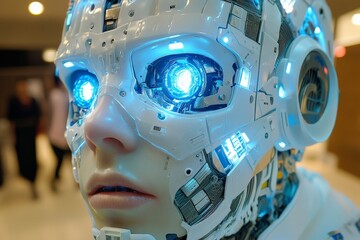 Aufkleber - Futuristic humanoid robot with glowing blue eyes displayed in a modern exhibit hall