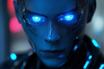 Poster - Human-like robot with glowing blue eyes showcases advanced technology in futuristic setting