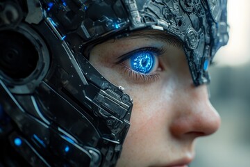 Poster - Futuristic character with glowing blue eye features advanced technology in an urban setting at dusk