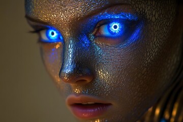 Poster - Futuristic portrait featuring a model with metallic skin and glowing blue eyes in a dimly lit environment